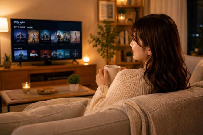 動画配信サービスで映画やドラマを楽しむ女性