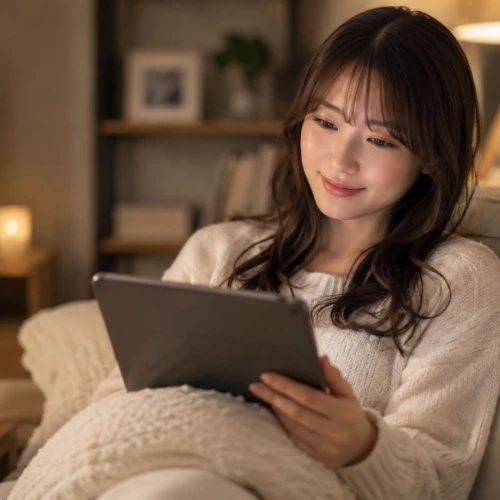 ソファでくつろぎながらタブレットで動画を楽しむ女性