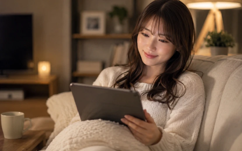 ソファでくつろぎながらタブレットで動画を楽しむ女性