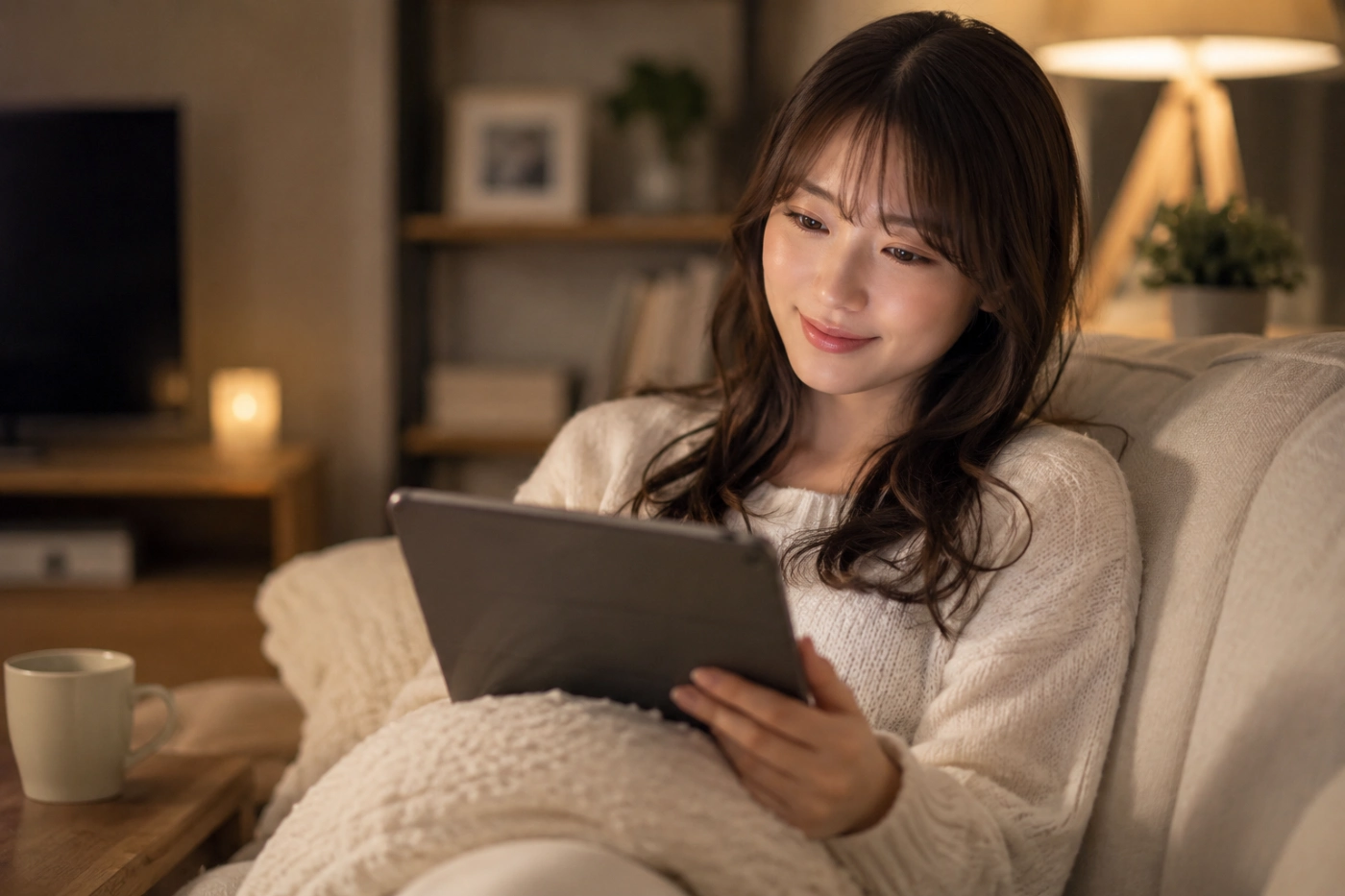 ソファでくつろぎながらタブレットで動画を楽しむ女性
