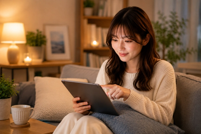 タブレットで見たい作品を探している女性