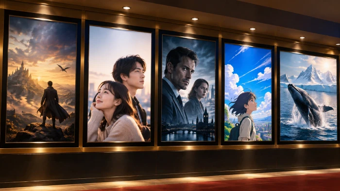映画館に映画やドラマ、アニメ、ドキュメンタリーのポスターが並ぶ館内