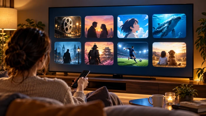 8種類の映像が映るテレビをリモコンで選ぶ女性