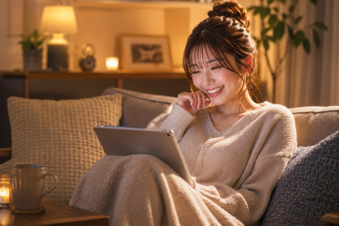 動画配信サービスで映画やドラマを楽しむ女性