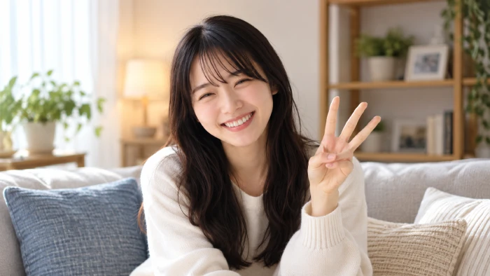 ソファーに座り3本の指を立てて笑顔を見せる女性