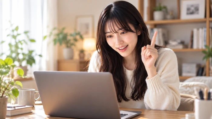 パソコンを見ながらひらめいた表情を浮かべる女性