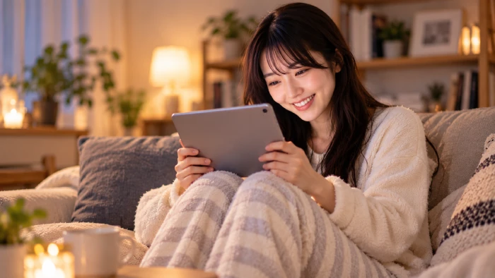 ソファーでくつろぎながらタブレットで動画を楽しむ女性