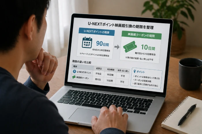 U-NEXTポイント90日と映画館クーポン10日の期限の違いをPCで整理