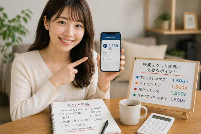 U-NEXTポイント必要数と映画館チケット交換を考える女性の様子
