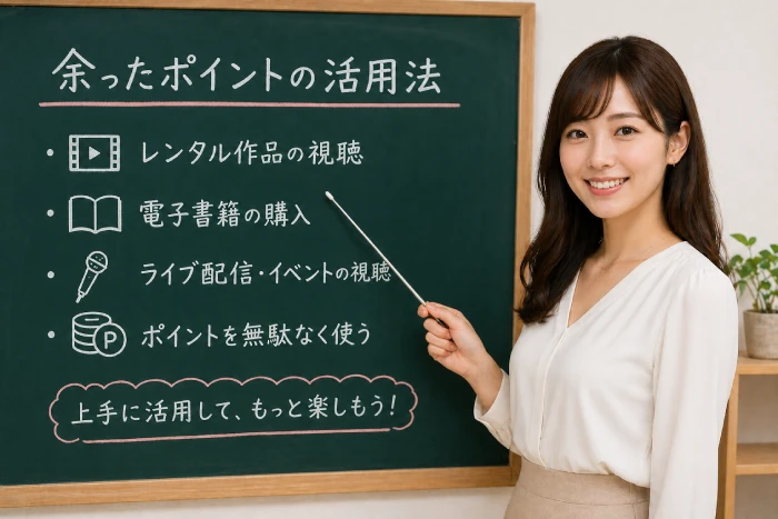 U-NEXTポイントの活用方法を解説する女性と黒板のイメージ