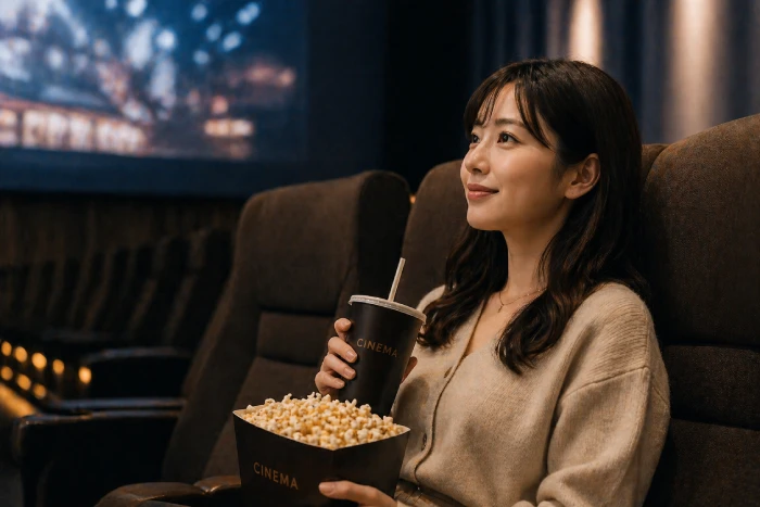 U-NEXT映画館クーポンを期限内に使い映画を楽しむ女性の様子