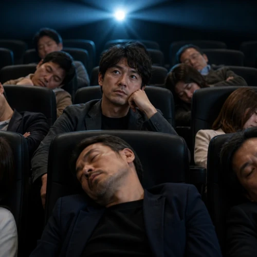 大人になった今刺さらない映画に退屈している40代男性と眠っている観客たちの映画館の様子 Amazonプライム 映画レビュー