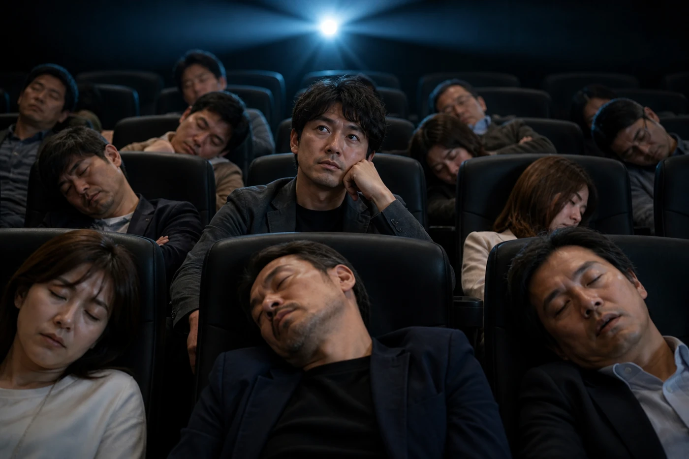 大人になった今刺さらない映画に退屈している40代男性と眠っている観客たちの映画館の様子 Amazonプライム 映画レビュー