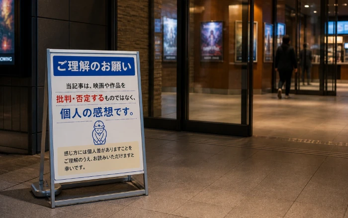 映画は個人の感想であることを伝える注意看板と映画館入口の風景 大人向け映画レビュー