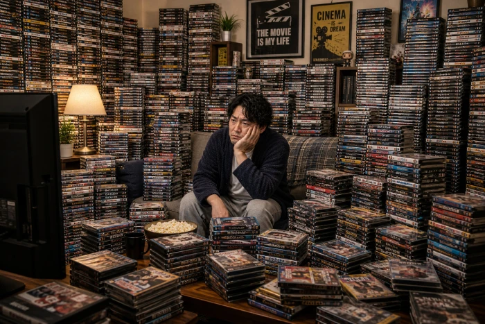 映画好きなのに刺さらない作品に疲れた男性と山積みのDVDコレクション 自宅映画鑑賞シーン