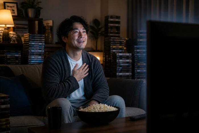 映画を見て心を動かされる男性の表情 自宅での映画鑑賞シーン 大人になっても映画は面白い
