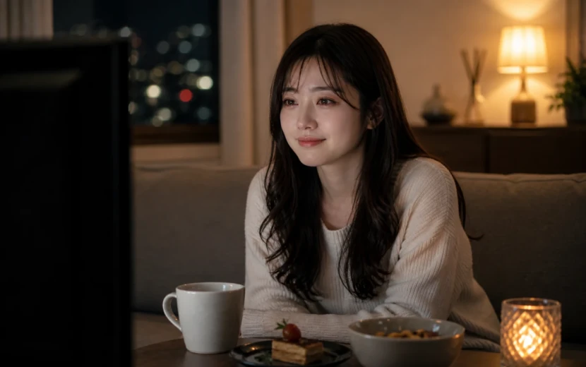 大人になって刺さった映画を観て涙する女性｜夜の一人暮らしで名作映画を楽しむシーン