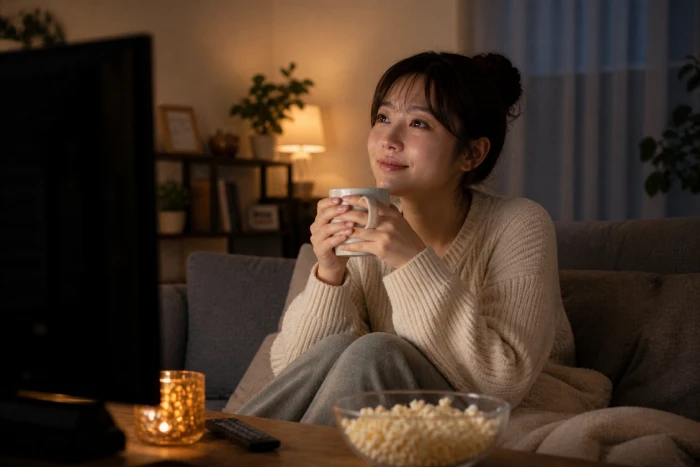 大人になって刺さった映画を最大限楽しむ方法｜自宅でリラックスしながら映画を観る女性