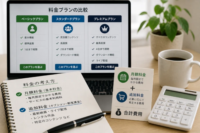 月額料金と追加料金の考え方をイメージした動画配信サービスの料金プラン構成