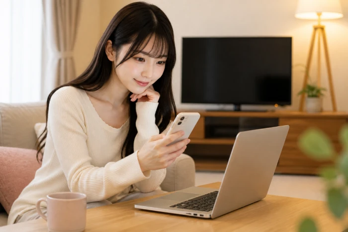 月額料金と無料体験を確認しながらDMM TVを利用する女性のイメージ画像