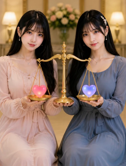 DMM TVのリアルな評価を天秤で表現した双子姉妹の比較イメージ画像