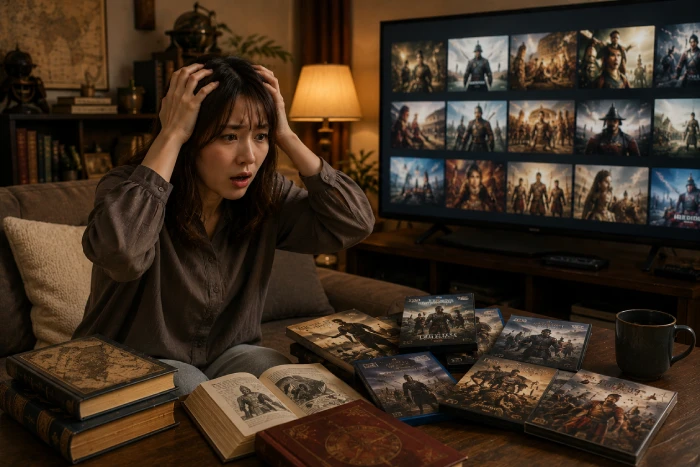 歴史映画の配信作品が多すぎて選べず、歴史本やDVDに囲まれながら頭を抱えて悩む若い女性