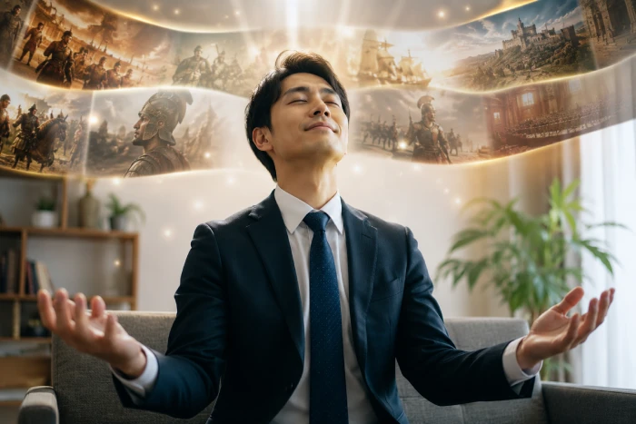 歴史や世界情勢を思い浮かべながら穏やかな表情で考え込むスーツ姿の男性