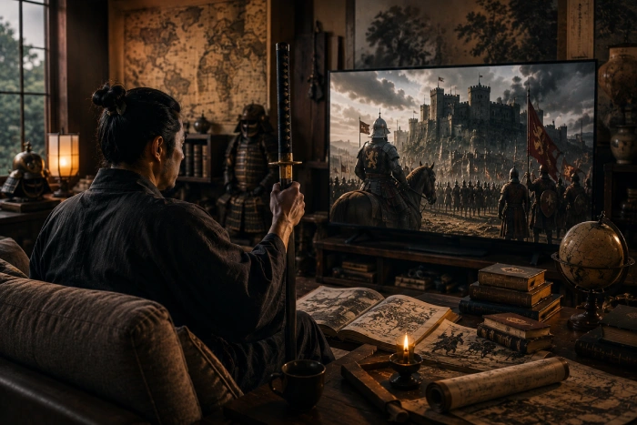 刀を持った武士がソファで西洋の歴史映画を見ながら学び直しをしている落ち着いた室内風景