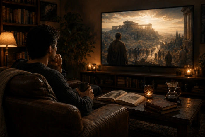 落ち着いた部屋で歴史映画をじっくり鑑賞しながら思索にふける人物の夜の風景
