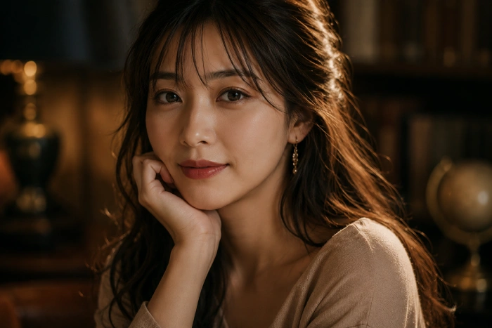 落ち着いた空間で知性とやさしさを感じさせる表情を見せる大人の女性のポートレート