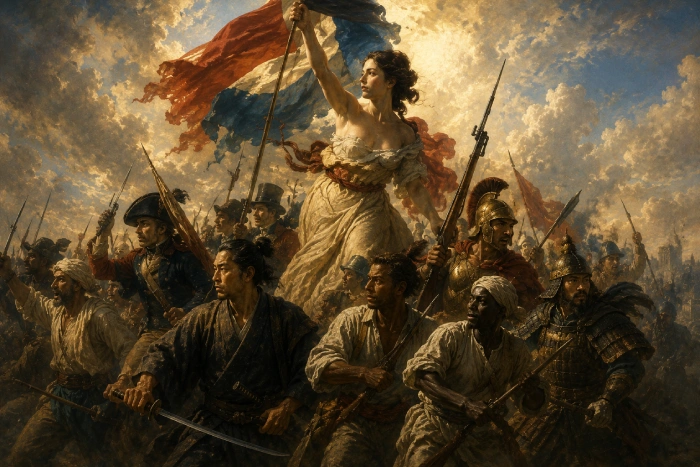 世界各国の歴史上の人物たちが時代を超えて集結し未来へ進む壮大な絵画風イメージ