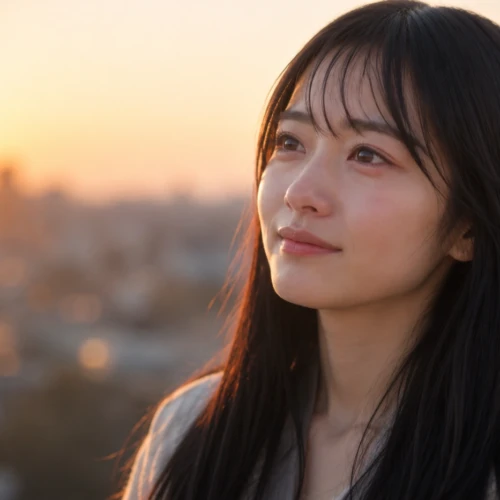夕日に照らされながら優しい笑顔を浮かべる黒髪の日本人女性｜疲れた夜に観たい優しい気持ちになれる映画のイメージ