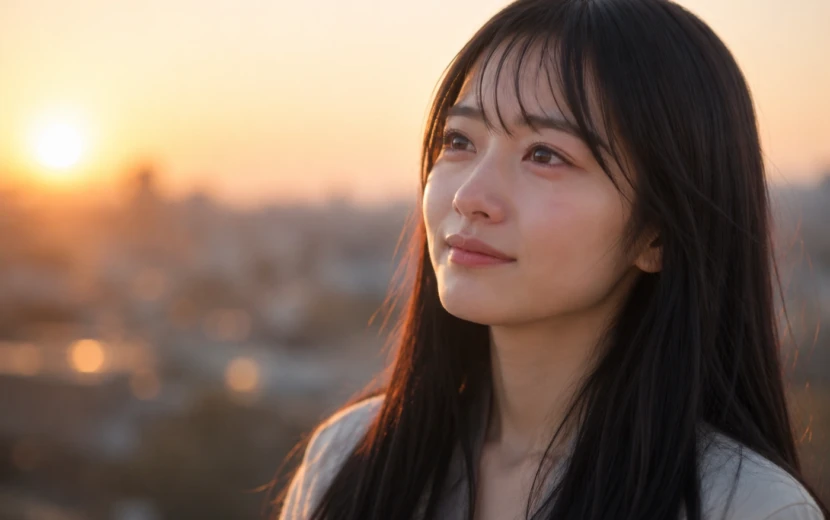 夕日に照らされながら優しい笑顔を浮かべる黒髪の日本人女性｜疲れた夜に観たい優しい気持ちになれる映画のイメージ