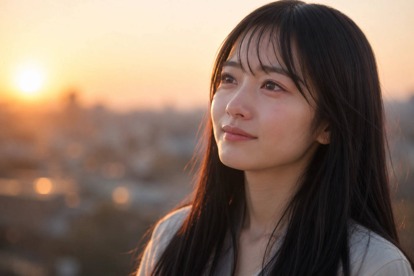 夕日に照らされながら優しい笑顔を浮かべる黒髪の日本人女性｜疲れた夜に観たい優しい気持ちになれる映画のイメージ