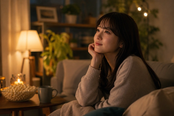 落ち着いた部屋で穏やかな表情を浮かべながら映画を観る女性のイメージ