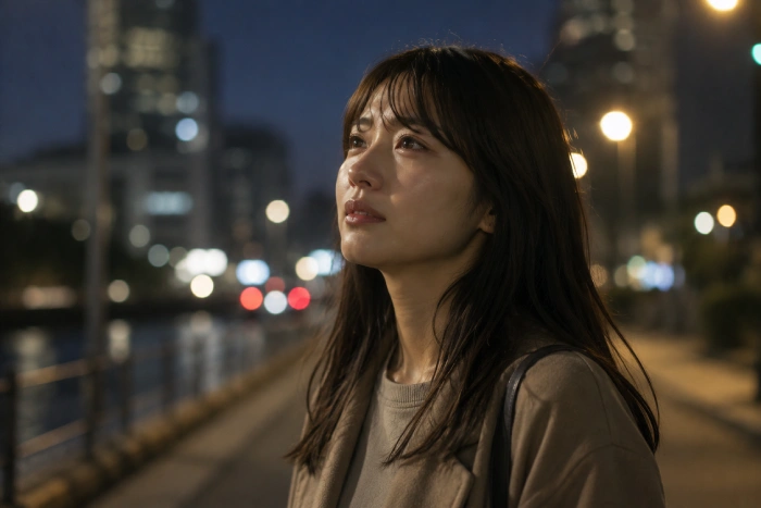 仕事帰りの夜道で涙を浮かべながら歩く女性のイメージ
