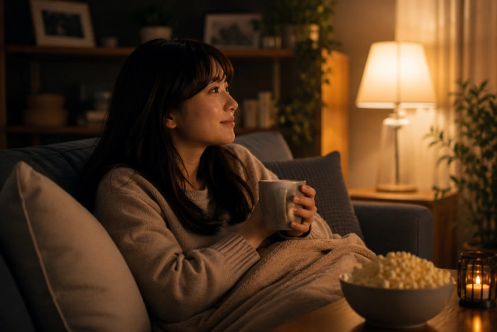 仕事終わりに自宅で落ち着いた時間を過ごしながら映画を観る女性のイメージ