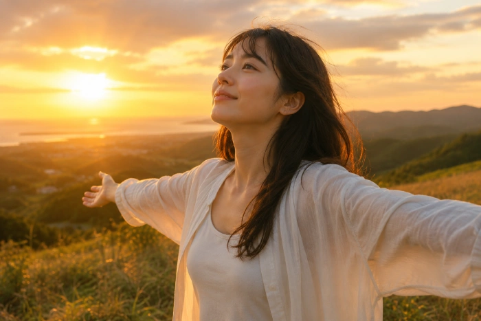 夕焼けの丘で穏やかな表情を浮かべながら両手を広げる女性のイメージ