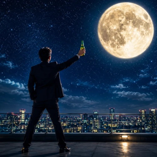 映画を見終わったあと、満月に向かって瓶ビールで乾杯しながらストレスから解放されるスーツ姿の男性の後ろ姿