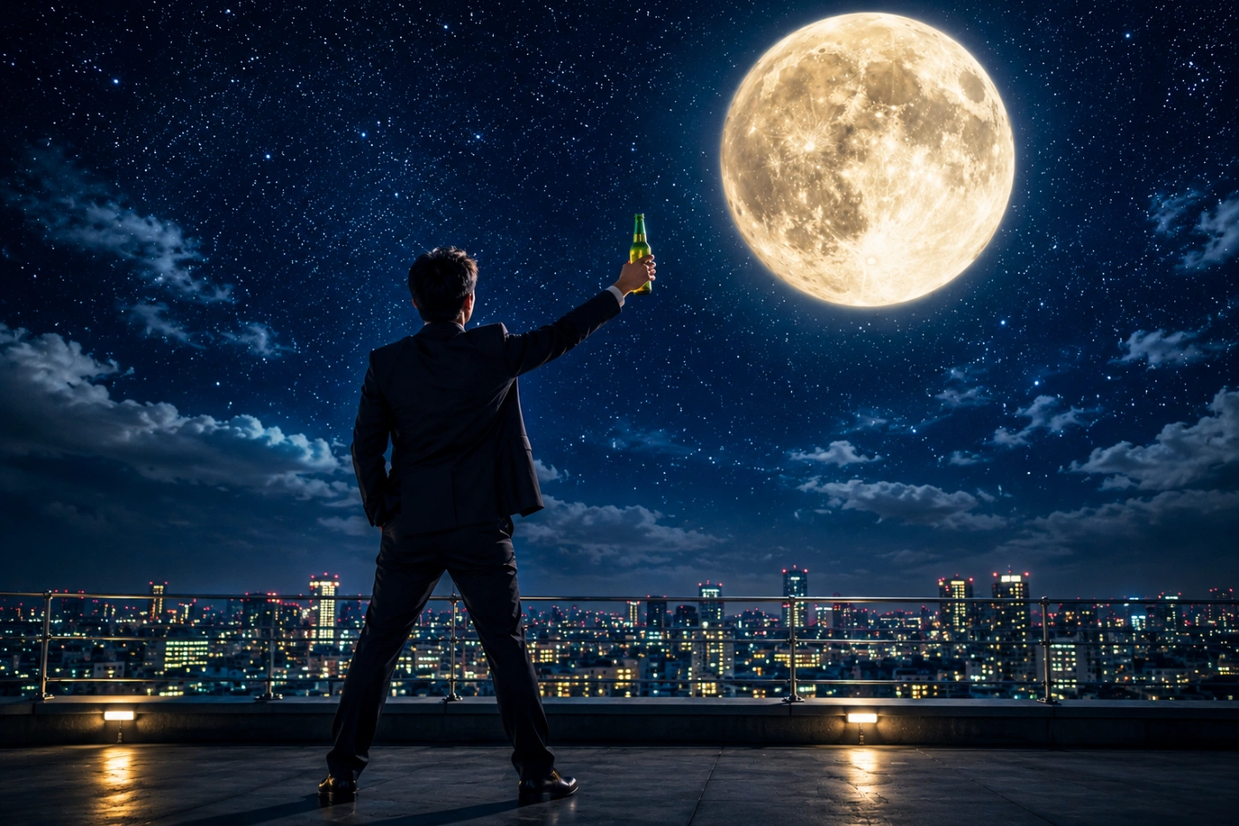 映画を見終わったあと、満月に向かって瓶ビールで乾杯しながらストレスから解放されるスーツ姿の男性の後ろ姿