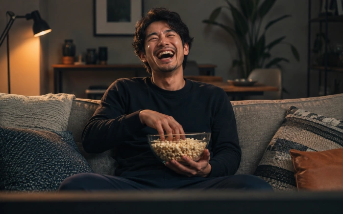 自宅のソファで映画を見ながら大笑いしている男性のリラックスしたシーン