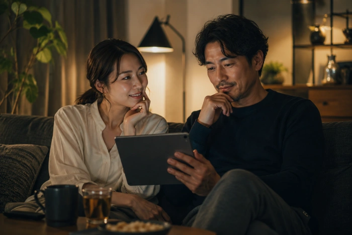 落ち着いた雰囲気の部屋で映画や動画作品を選びながらリラックスして過ごす大人の男女