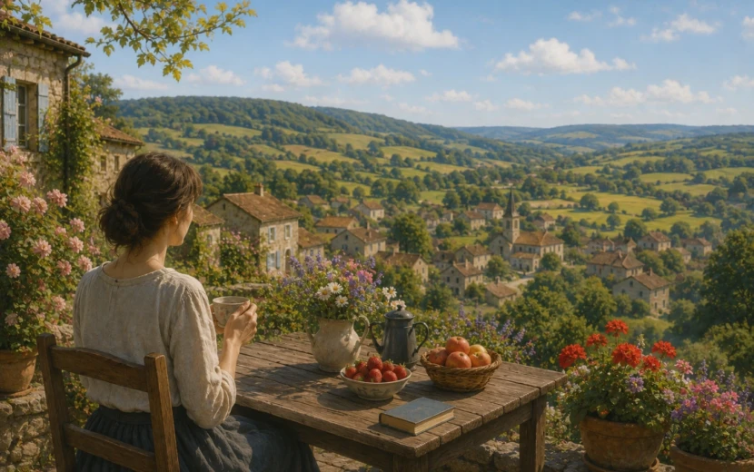 静かな映画の名作を探す大人の女性が、フランスの田舎風の自然豊かな風景の中で穏やかな時間を過ごしている様子