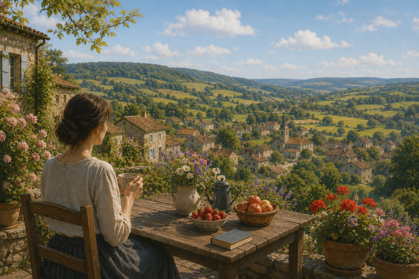 静かな映画の名作を探す大人の女性が、フランスの田舎風の自然豊かな風景の中で穏やかな時間を過ごしている様子