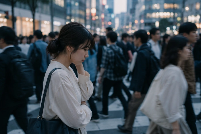 都会の人混みの中で孤独や疲れを感じながら立ち尽くす女性の様子