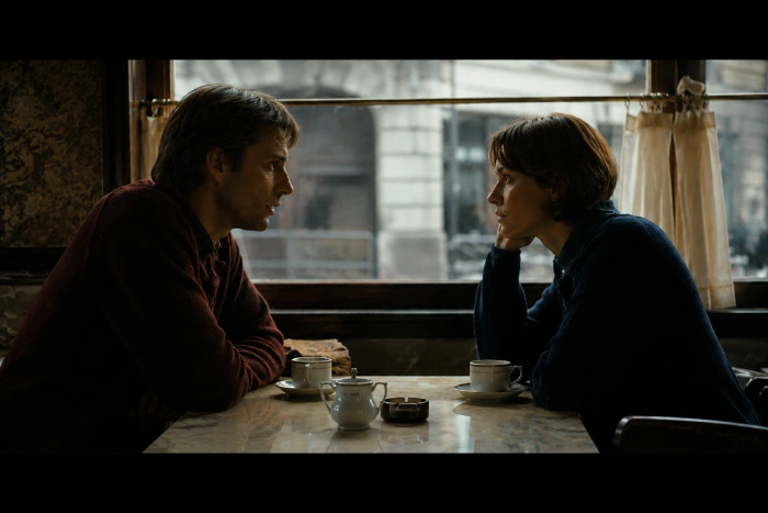 静かな空間で向かい合いながら会話を交わす男女の映画のワンシーン風の情景