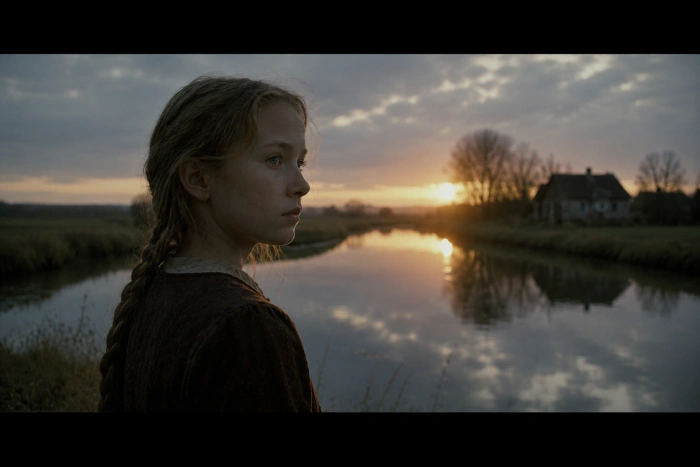 静かな風景の中で遠くを見つめながら物思いにふける人物の映画のワンシーン風の情景