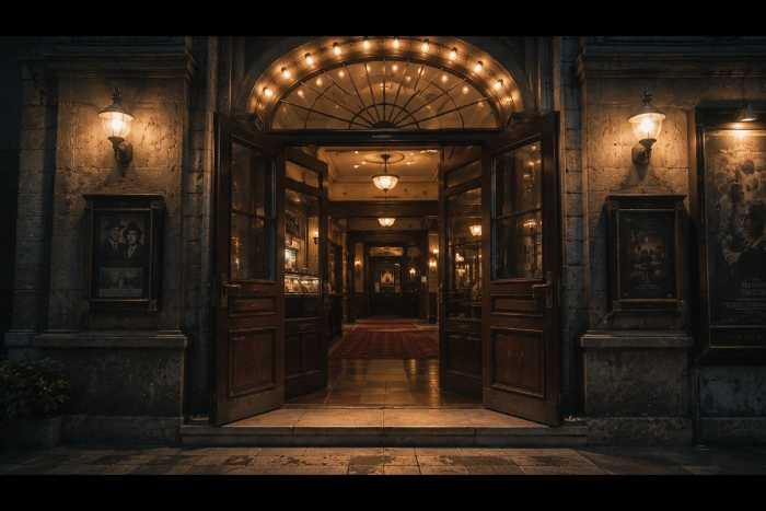 温かな光が漏れる古い映画館の扉が静かに開かれている映画のワンシーン風の風景