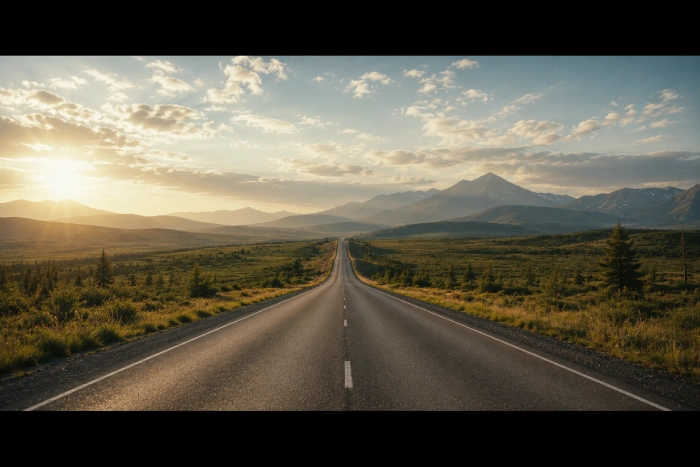 遠くまで続く一本道と広大な自然が広がる映画のワンシーン風の風景