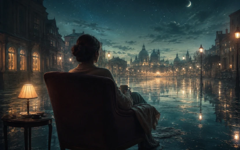 韻がすごい映画を見た夜に、映画の世界へ入り込んだような幻想的な街を静かに見つめる女性